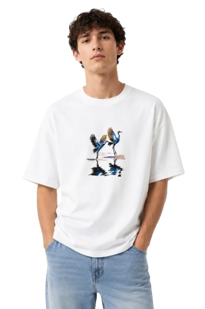 Dancing Cranes Embroidered Oversized T-Shirt – White