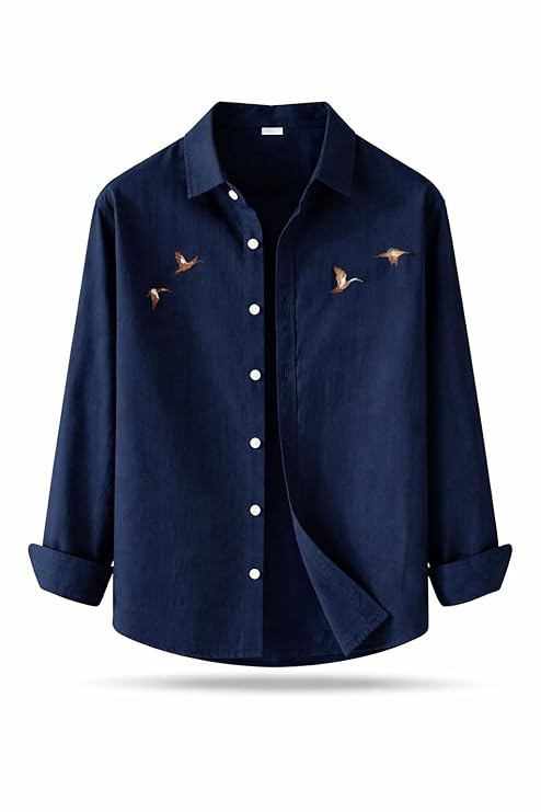 Men's Flying Bird Embroidery Casual Shirt | Premium Cotton Full Sleeve Shirt - Navy Blue