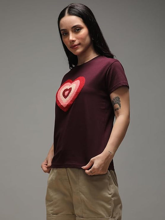 Women's Heart Embroidery T-Shirt | Premium Towelling Embroidered Cotton Tee - Burgundy