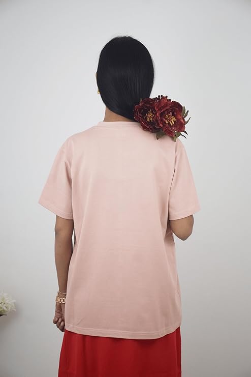 Women's Cherry Embroidery T-Shirt | Premium Cotton Casual Tee - Peach Pink