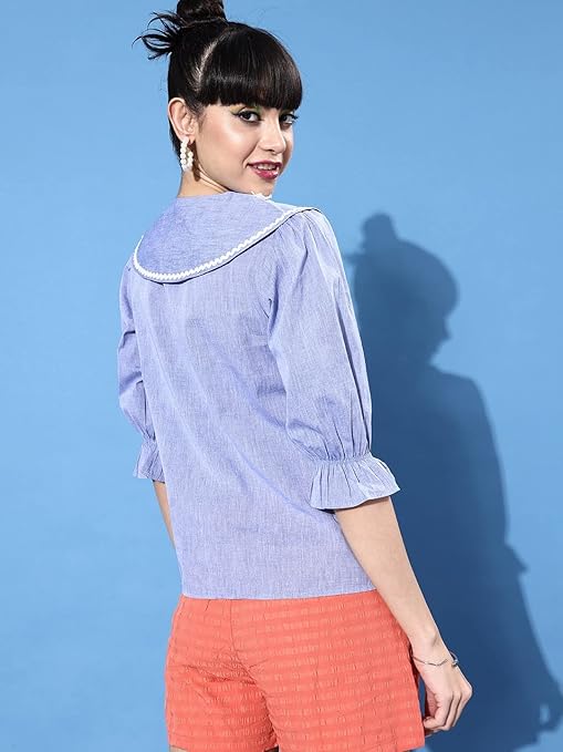 Style Quotient Women Blue Classic Floral Embroidered Casual Shirt