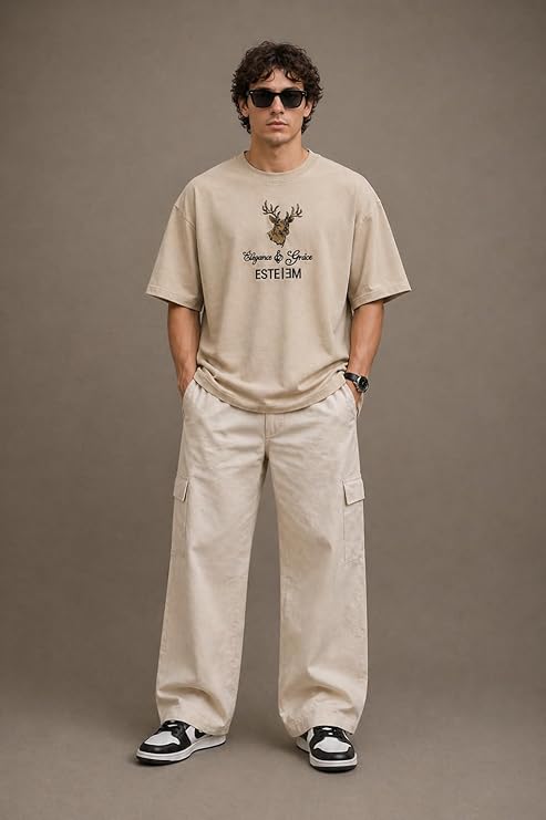 Men's Oversized Embroidered Deer Graphic T-Shirt | Premium Cotton Streetwear Tee - Beige