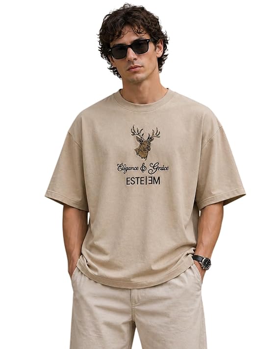 Men's Oversized Embroidered Deer Graphic T-Shirt | Premium Cotton Streetwear Tee - Beige