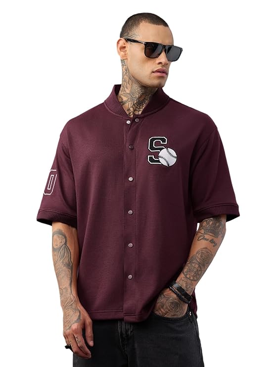 Men's Oversized Baseball Embroidery Varsity Shirt | Premium Maroon Streetwear Button-Up Shirt