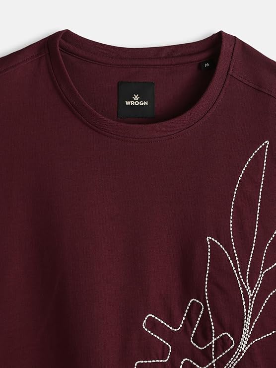 Men's Oversized Floral Line Embroidery T-Shirt | Premium Cotton Minimalist Streetwear Tee - Maroon