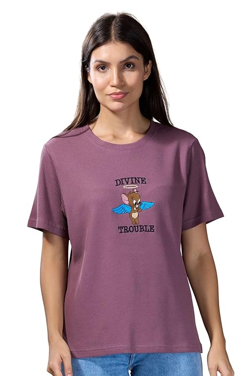 Women's Jerry Embroidery Waffle Knit T-Shirt | Premium Cotton Casual Tee - Mauve Purple