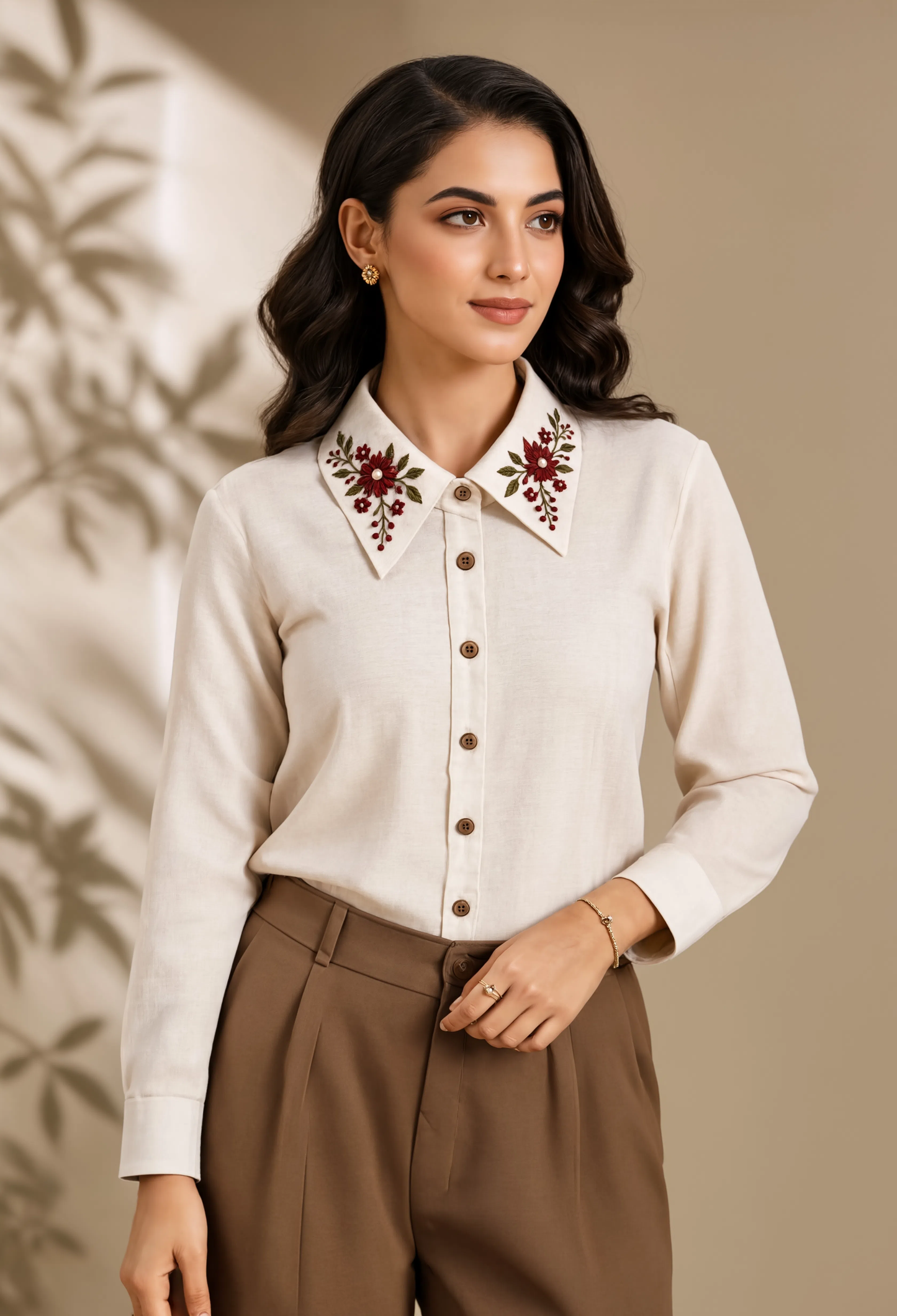 Elegant Floral Embroidered Collar Shirt for Women | Premium Office & Casual Wear