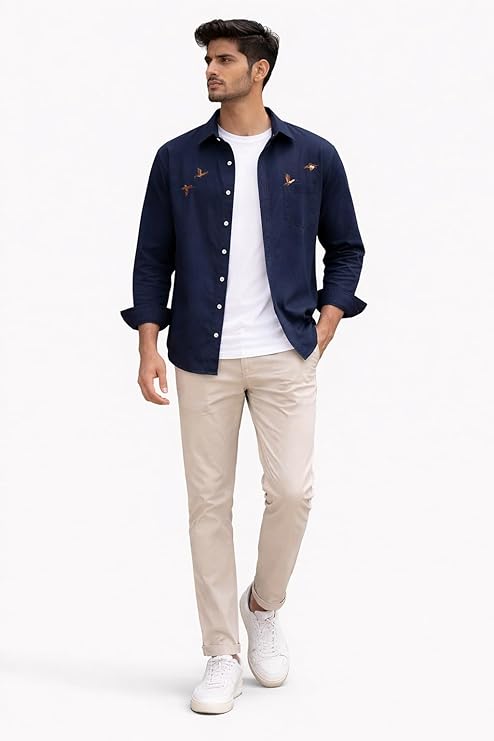 Men's Flying Bird Embroidery Casual Shirt | Premium Cotton Full Sleeve Shirt - Navy Blue