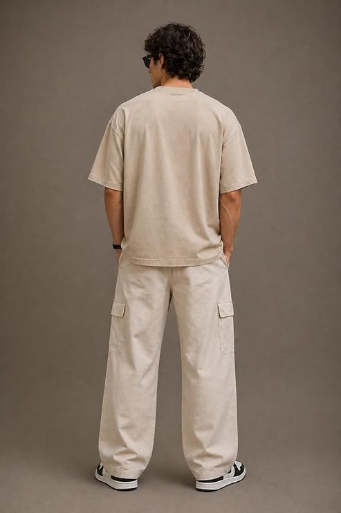 Men's Oversized Embroidered Deer Graphic T-Shirt | Premium Cotton Streetwear Tee - Beige