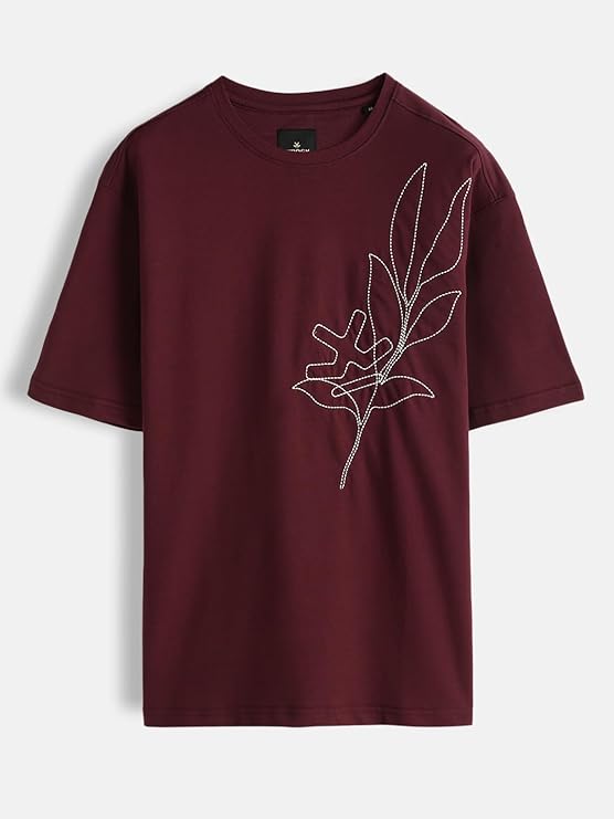 Men's Oversized Floral Line Embroidery T-Shirt | Premium Cotton Minimalist Streetwear Tee - Maroon