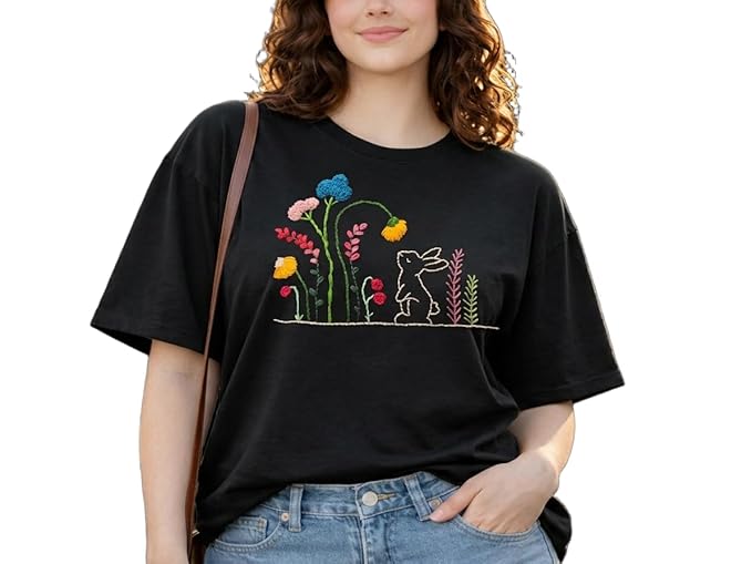 Women's Rabbit Garden Embroidery Oversized T-Shirt | Premium Cotton Graphic Tee - Black