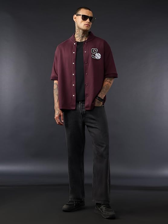Men's Oversized Baseball Embroidery Varsity Shirt | Premium Maroon Streetwear Button-Up Shirt
