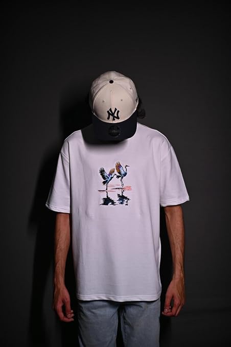 Dancing Cranes Embroidered Oversized T-Shirt – White