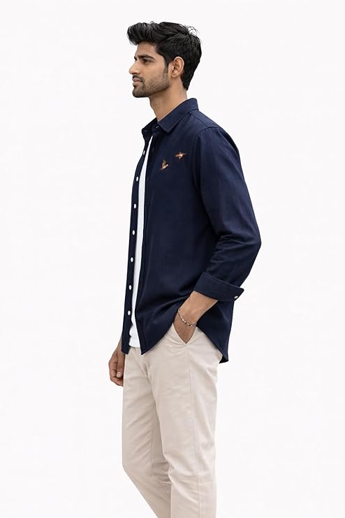 Men's Flying Bird Embroidery Casual Shirt | Premium Cotton Full Sleeve Shirt - Navy Blue