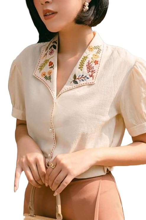 Women's Floral Collar Embroidery Blouse | Premium Vintage Embroidered Shirt - Ivory Cream