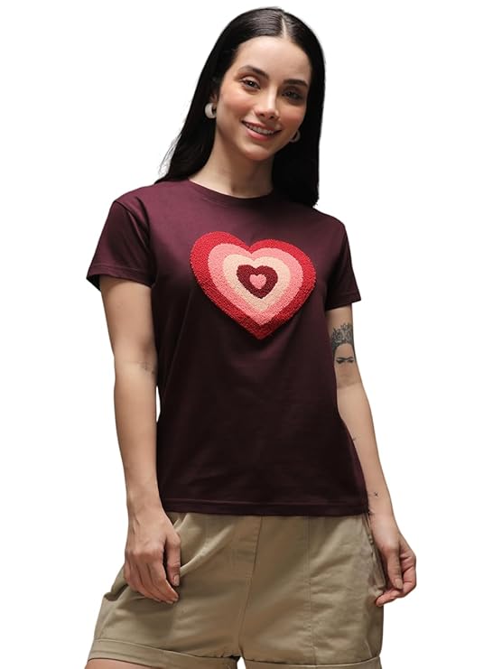 Women's Heart Embroidery T-Shirt | Premium Towelling Embroidered Cotton Tee - Burgundy