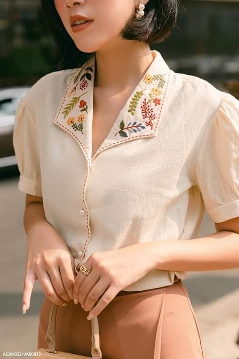 Women's Floral Collar Embroidery Blouse | Premium Vintage Embroidered Shirt - Ivory Cream