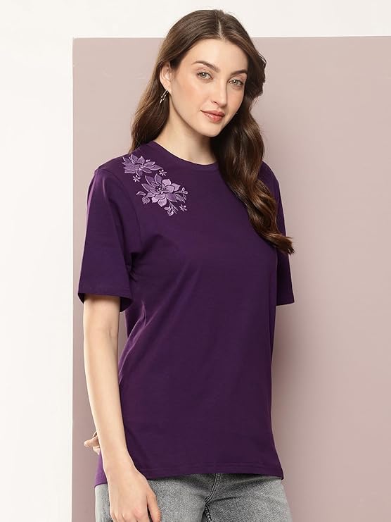 Women's Purple Floral Embroidered Oversized Cotton T-Shirt | 220 GSM Premium Bio-Washed Cotton