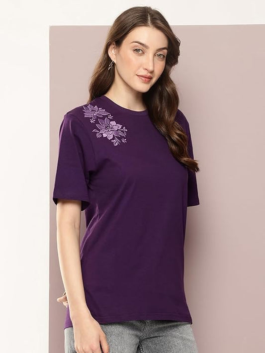Women's Purple Floral Embroidered Oversized Cotton T-Shirt | 220 GSM Premium Bio-Washed Cotton