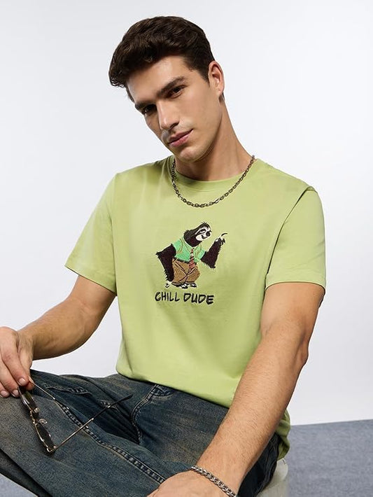 The Souled Store Disney: Chill Dude Men and Boys Short Sleeves Round Neck Green Embroidered Cotton Regular Fit Lightweight Breathable All-Season T-Shirt