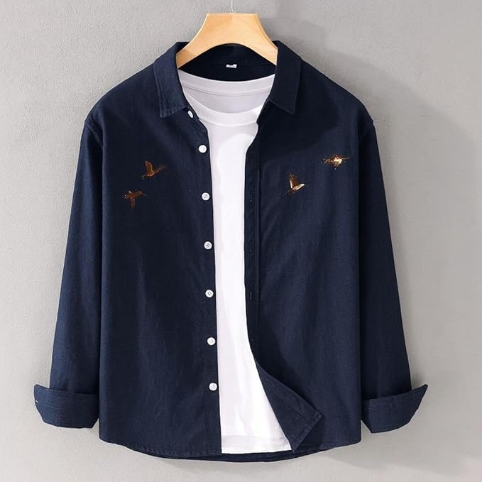 Men's Flying Bird Embroidery Casual Shirt | Premium Cotton Full Sleeve Shirt - Navy Blue