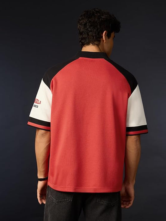 Men's Oversized Towelling Embroidery Varsity Zip Shirt | Premium Color Block Streetwear Jacket - Coral Red