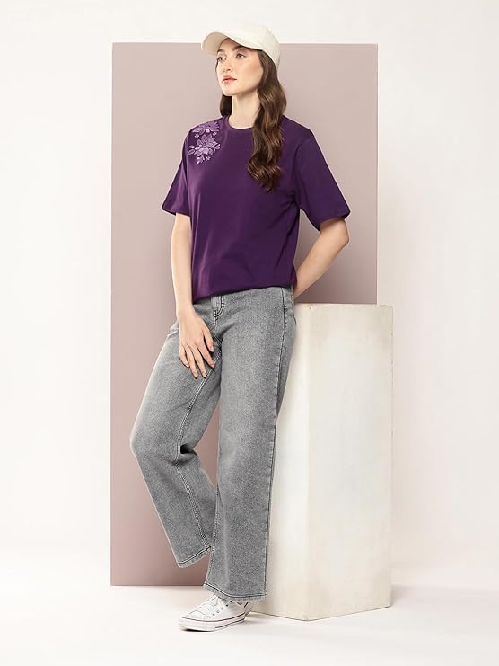 Women's Purple Floral Embroidered Oversized Cotton T-Shirt | 220 GSM Premium Bio-Washed Cotton
