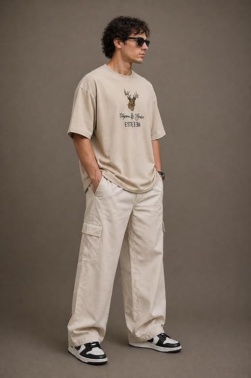 Men's Oversized Embroidered Deer Graphic T-Shirt | Premium Cotton Streetwear Tee - Beige