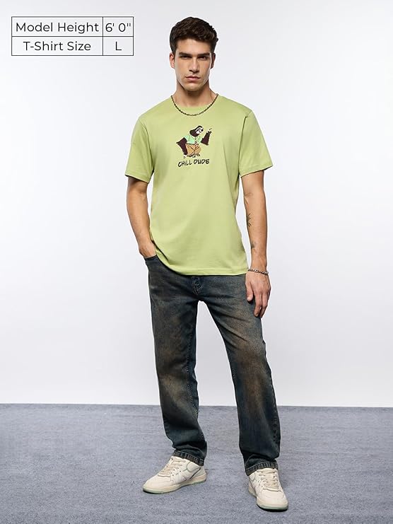 The Souled Store Disney: Chill Dude Men and Boys Short Sleeves Round Neck Green Embroidered Cotton Regular Fit Lightweight Breathable All-Season T-Shirt