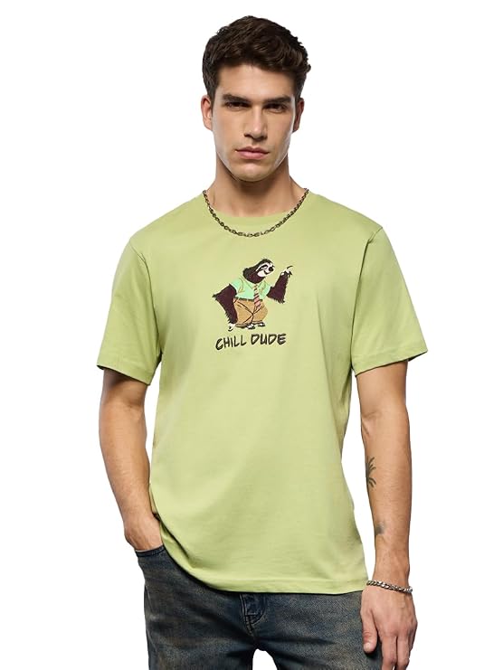 The Souled Store Disney: Chill Dude Men and Boys Short Sleeves Round Neck Green Embroidered Cotton Regular Fit Lightweight Breathable All-Season T-Shirt