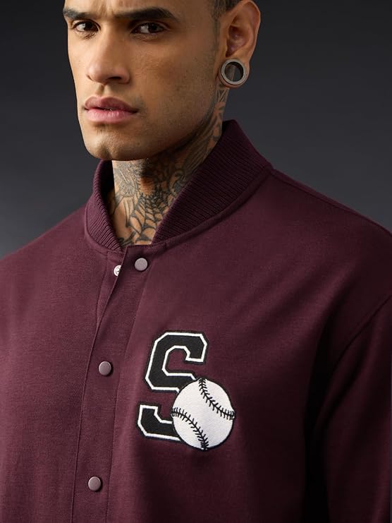 Men's Oversized Baseball Embroidery Varsity Shirt | Premium Maroon Streetwear Button-Up Shirt