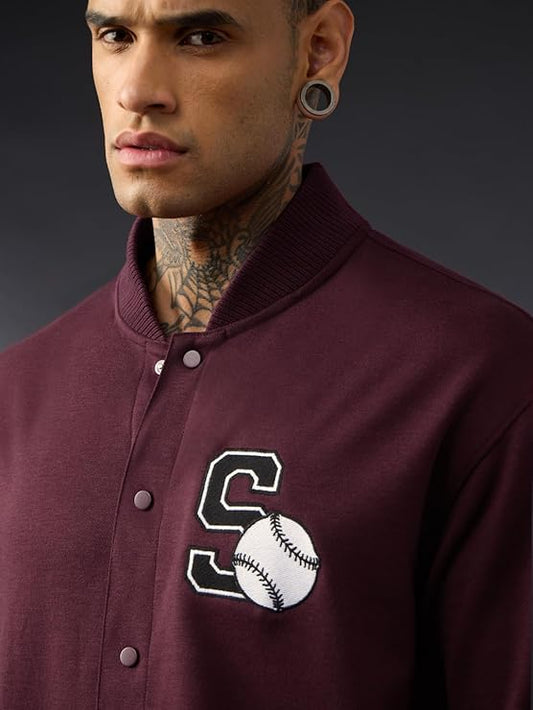 Men's Oversized Baseball Embroidery Varsity Shirt | Premium Maroon Streetwear Button-Up Shirt