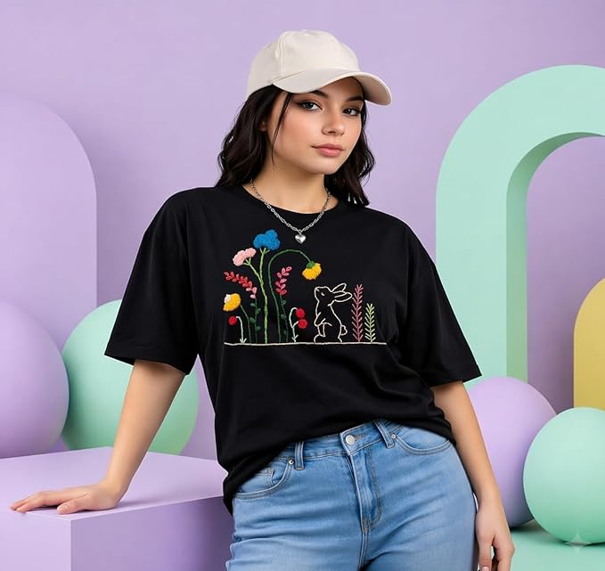 Women's Rabbit Garden Embroidery Oversized T-Shirt | Premium Cotton Graphic Tee - Black