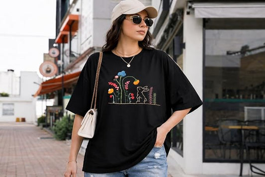 Women's Rabbit Garden Embroidery Oversized T-Shirt | Premium Cotton Graphic Tee - Black