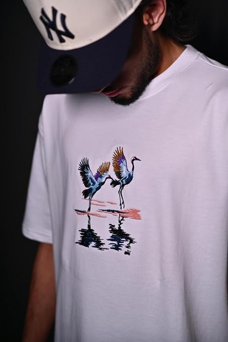Dancing Cranes Embroidered Oversized T-Shirt – White