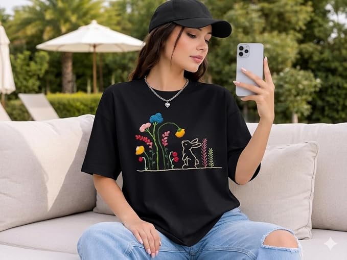 Women's Rabbit Garden Embroidery Oversized T-Shirt | Premium Cotton Graphic Tee - Black