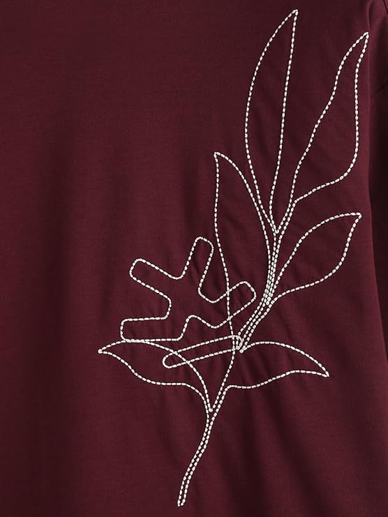 Men's Oversized Floral Line Embroidery T-Shirt | Premium Cotton Minimalist Streetwear Tee - Maroon