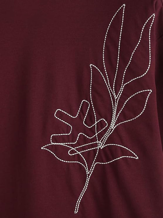 Men's Oversized Floral Line Embroidery T-Shirt | Premium Cotton Minimalist Streetwear Tee - Maroon