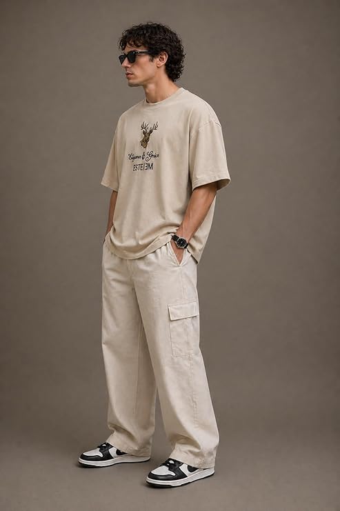 Men's Oversized Embroidered Deer Graphic T-Shirt | Premium Cotton Streetwear Tee - Beige