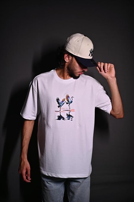 Dancing Cranes Embroidered Oversized T-Shirt – White