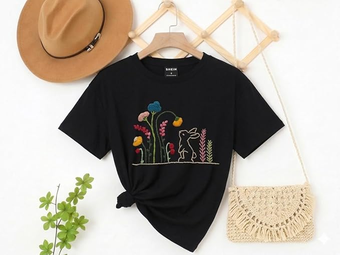 Women's Rabbit Garden Embroidery Oversized T-Shirt | Premium Cotton Graphic Tee - Black
