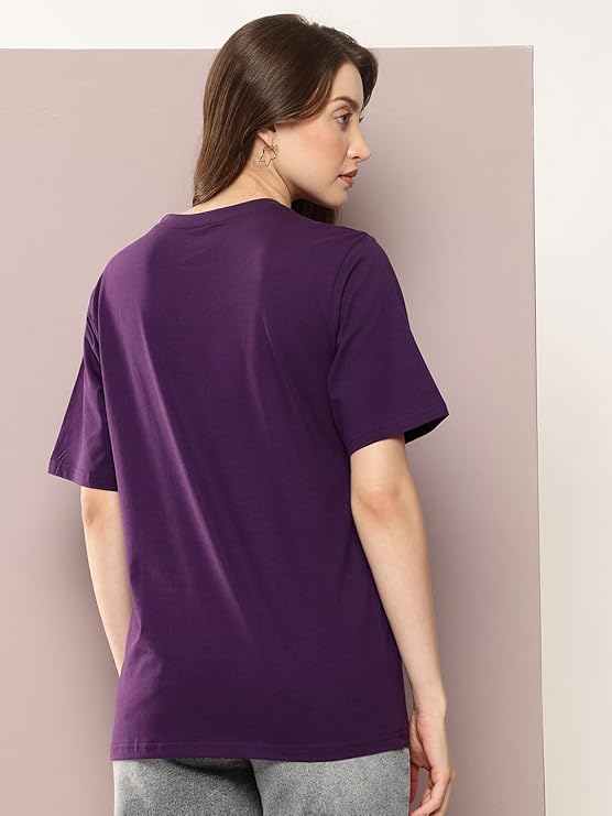 Women's Purple Floral Embroidered Oversized Cotton T-Shirt | 220 GSM Premium Bio-Washed Cotton