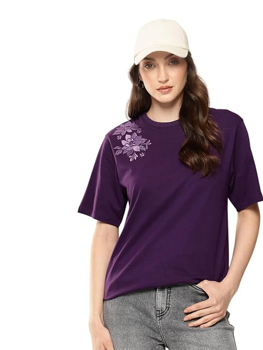 Women's Purple Floral Embroidered Oversized Cotton T-Shirt | 220 GSM Premium Bio-Washed Cotton