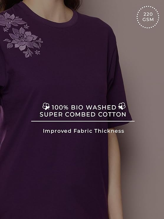 Women's Purple Floral Embroidered Oversized Cotton T-Shirt | 220 GSM Premium Bio-Washed Cotton