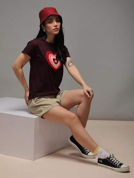 Women's Heart Embroidery T-Shirt | Premium Towelling Embroidered Cotton Tee - Burgundy