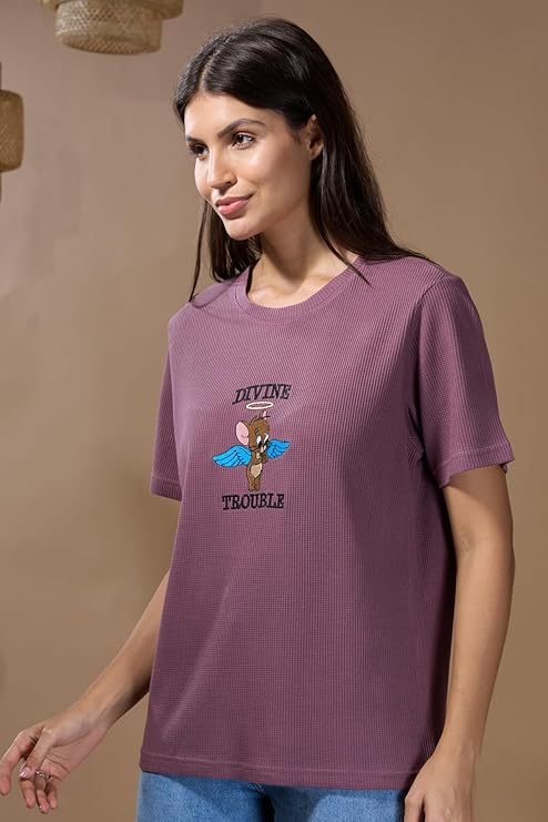 Women's Jerry Embroidery Waffle Knit T-Shirt | Premium Cotton Casual Tee - Mauve Purple