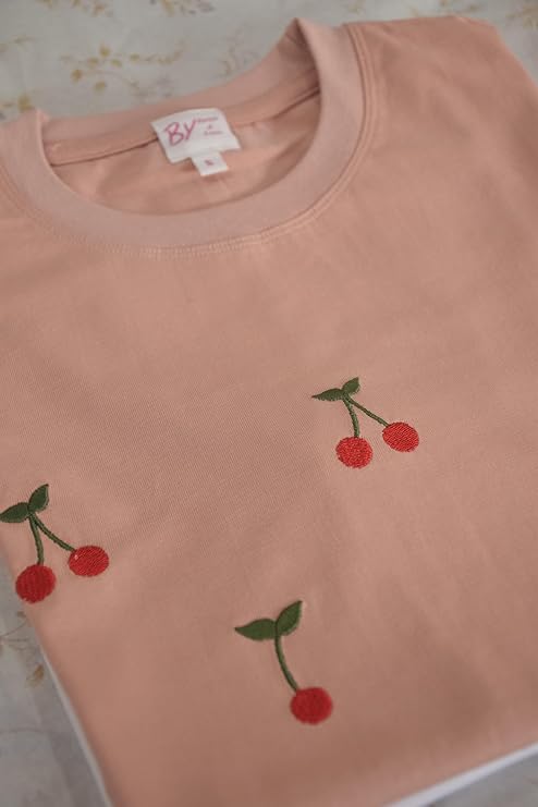 Women's Cherry Embroidery T-Shirt | Premium Cotton Casual Tee - Peach Pink