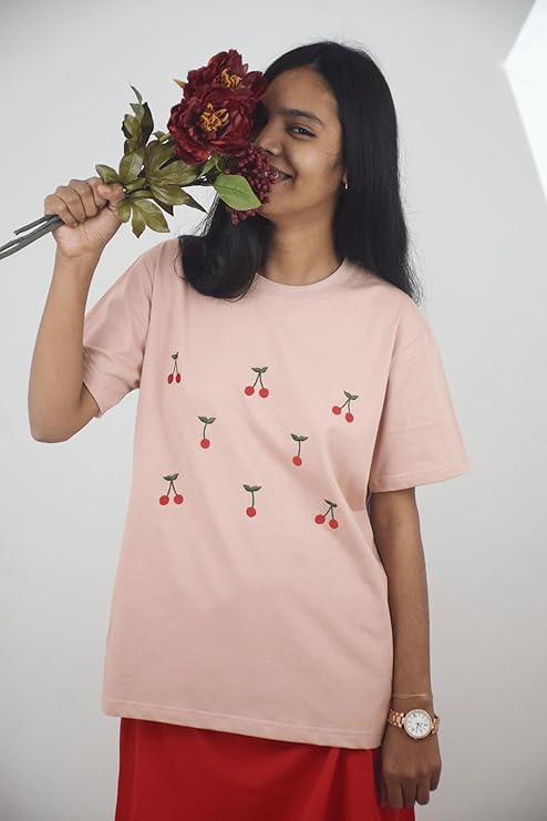 Women's Cherry Embroidery T-Shirt | Premium Cotton Casual Tee - Peach Pink