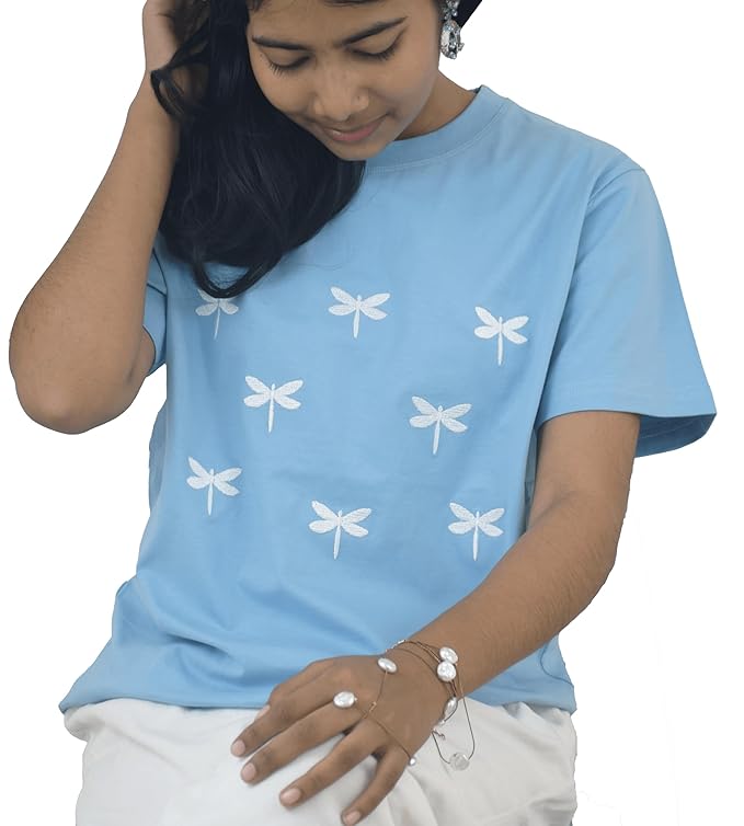 Women's Dragonfly Embroidery T-Shirt | Premium Cotton Casual Tee - Sky Blue