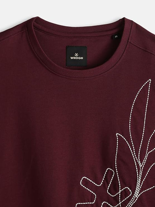 Men's Oversized Floral Line Embroidery T-Shirt | Premium Cotton Minimalist Streetwear Tee - Maroon
